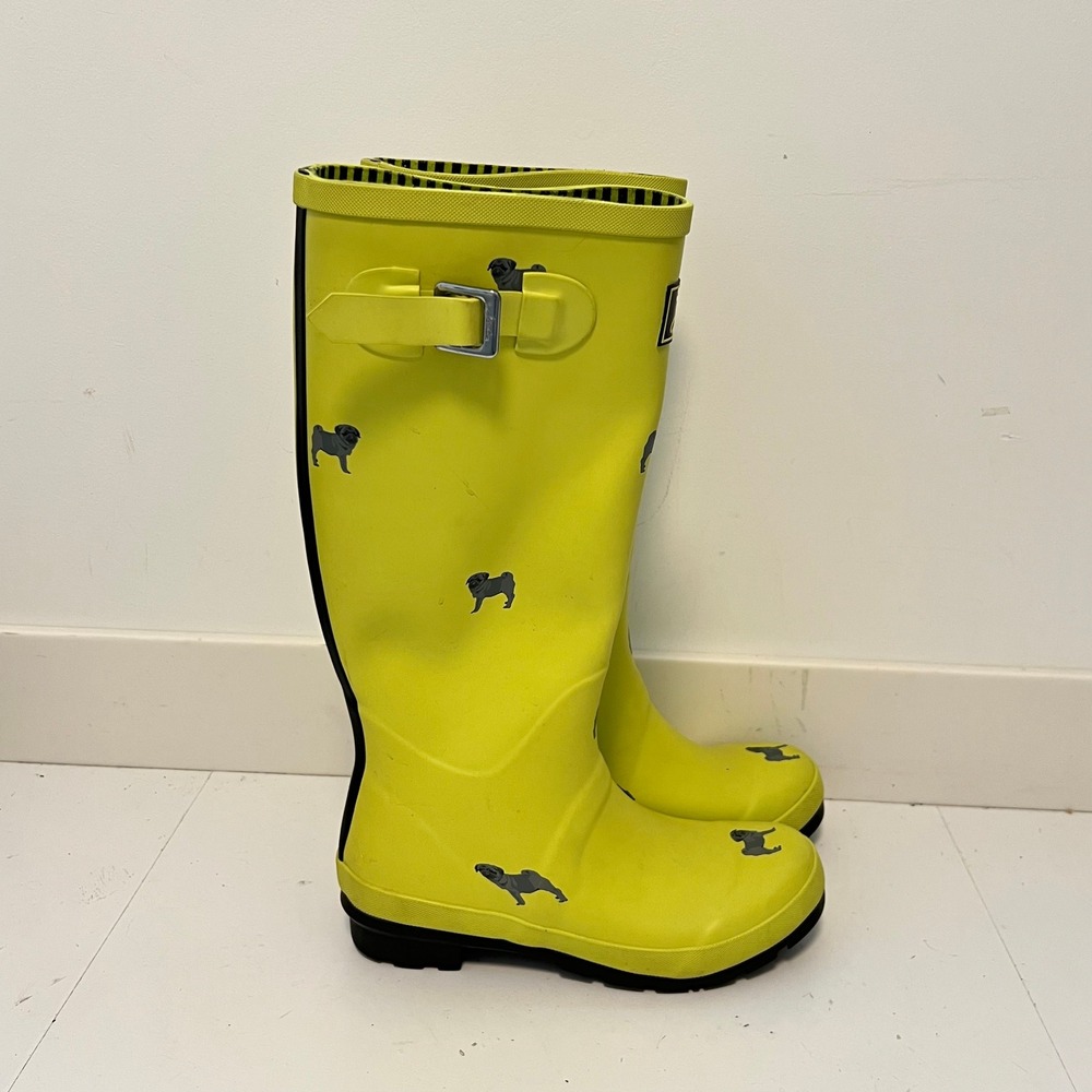 Joules Boots Womens 9 Yellow Rubber Welly Print Tall Buckle Wellies Rain Shoes